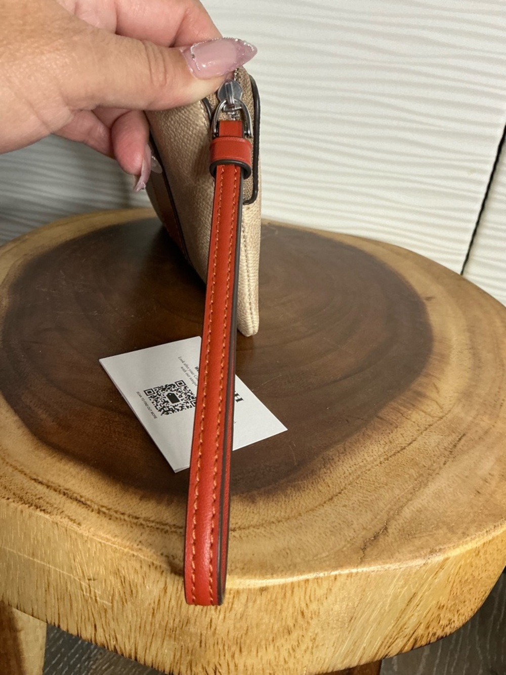 Beige Canvas Wristlet with burnt orange Leather Strap